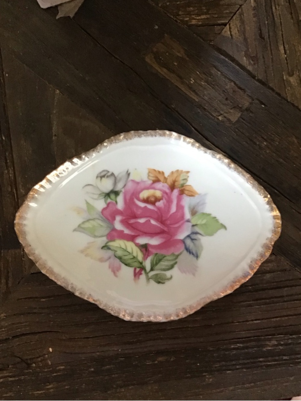 Pink Rose Floral Porcelain Trinket Dish with Gold trim